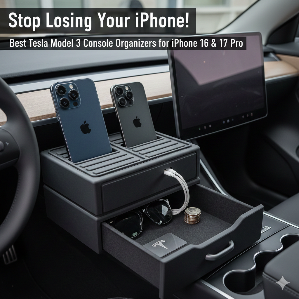 Stop Losing Your iPhone! Best Tesla Model 3 Console Organizers for iPhone 16 & 17 Pro gemini generated image i5zykgi5zykgi5zy
